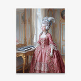 Let Them Listen canvas wall art, an oil painting of Marie Antoinette in white headphones at a keyboard in a Versailles salon