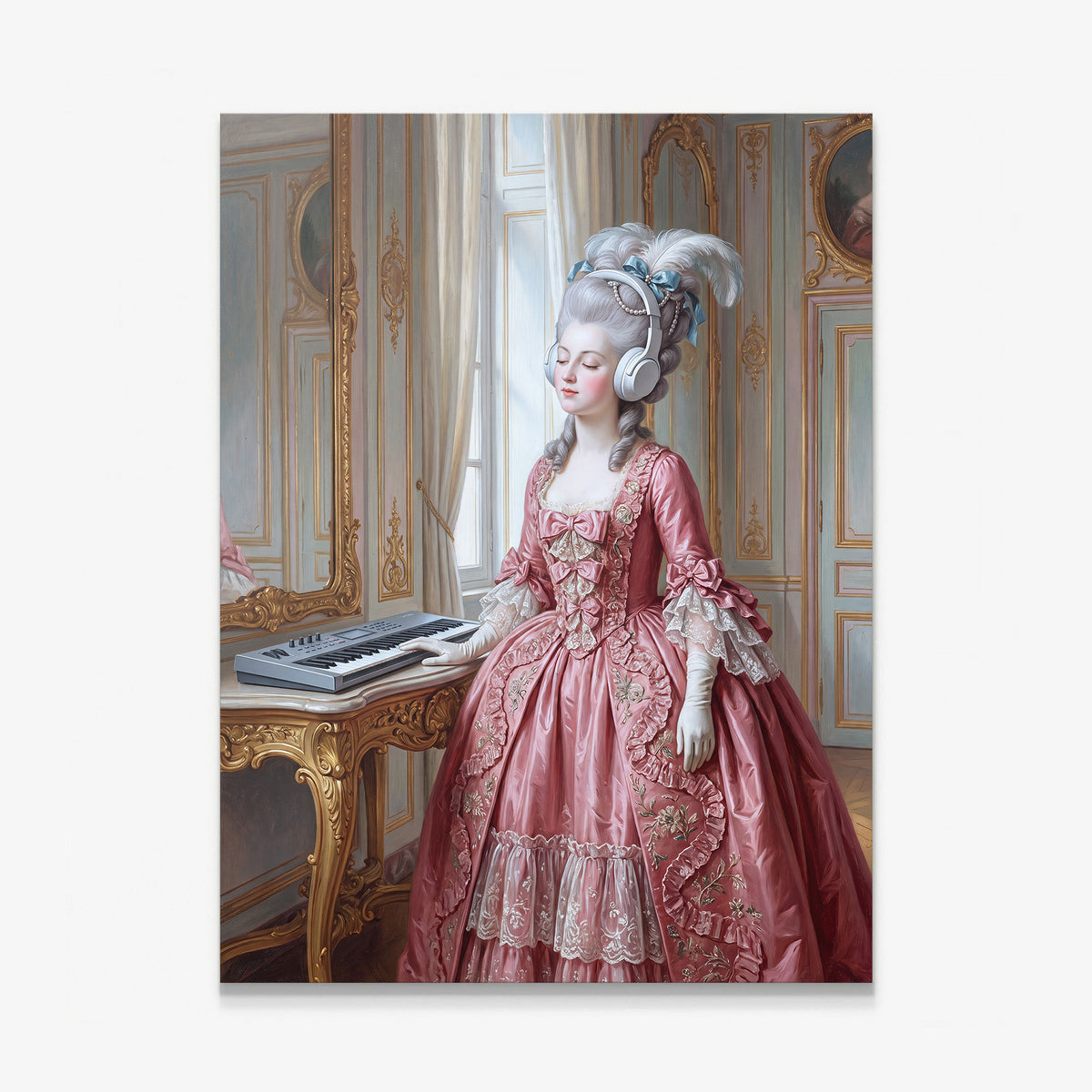Let Them Listen canvas wall art, an oil painting of Marie Antoinette in white headphones at a keyboard in a Versailles salon