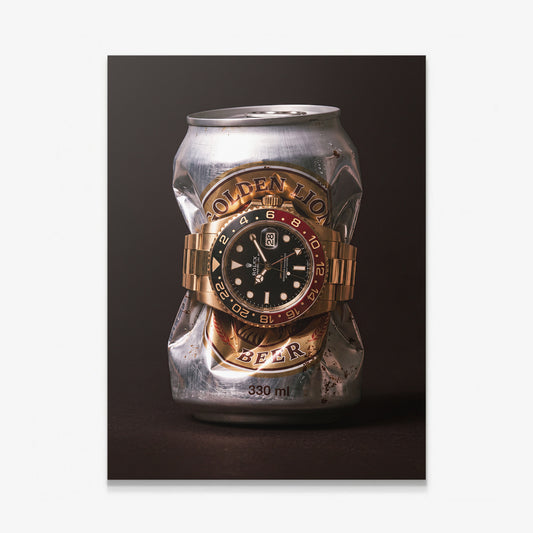 Lion's Share crushed silver beer can with a gold watch and black and red bezel canvas wall art