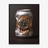 Lion's Share crushed silver beer can with a gold watch and black and red bezel canvas wall art in a black floating frame