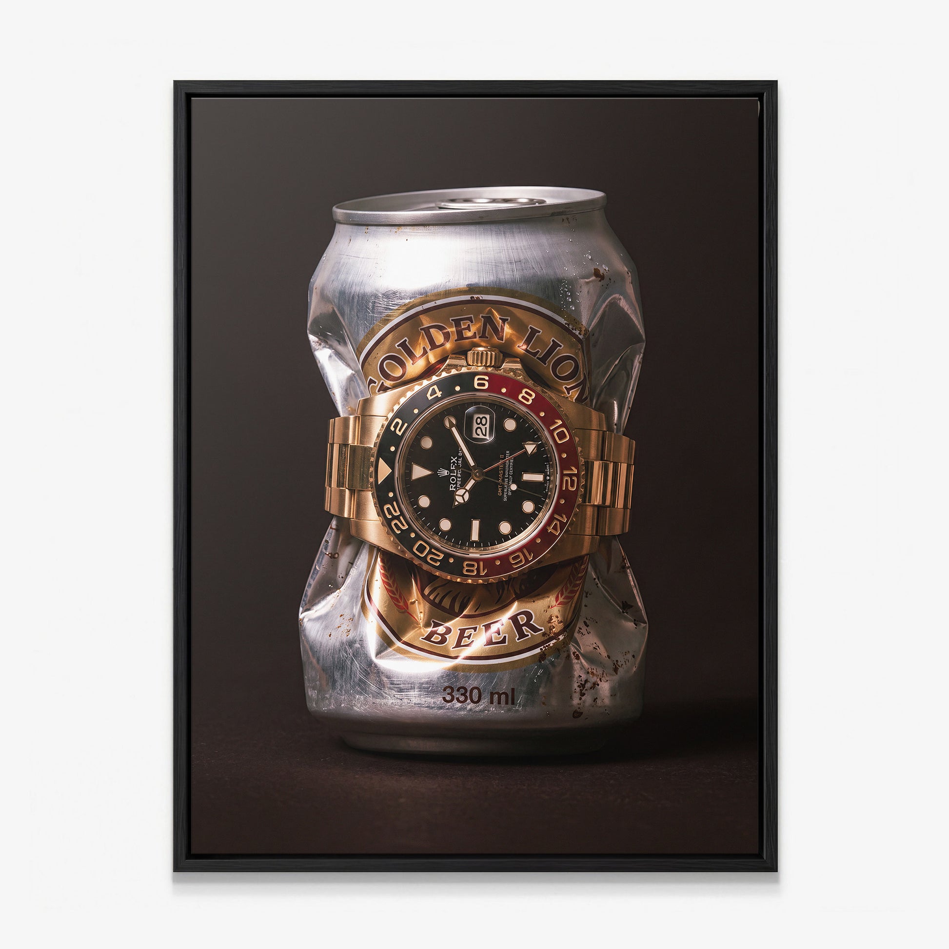 Lion's Share crushed silver beer can with a gold watch and black and red bezel canvas wall art in a black floating frame