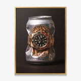 Lion's Share crushed silver beer can with a gold watch and black and red bezel canvas wall art in a gold floating frame