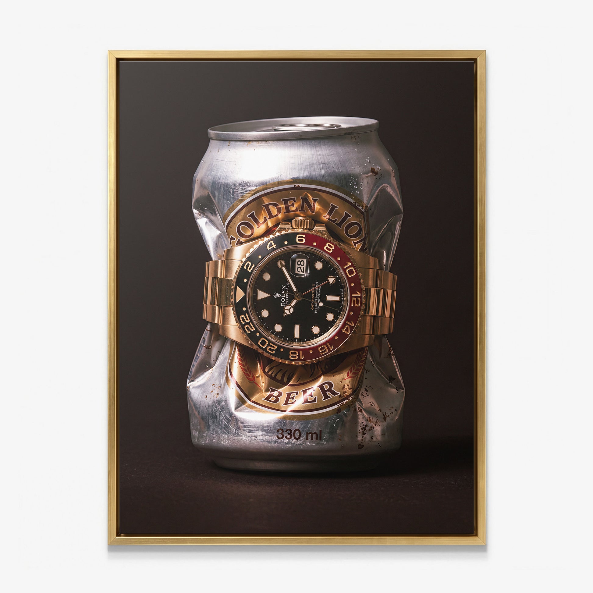 Lion's Share crushed silver beer can with a gold watch and black and red bezel canvas wall art in a gold floating frame