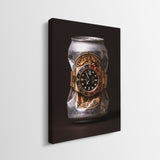 Lion's Share crushed silver beer can with a gold watch and black and red bezel canvas wall art side profile showing the gallery wrapped edge