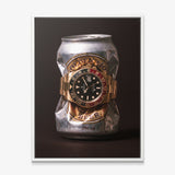 Lion's Share crushed silver beer can with a gold watch and black and red bezel canvas wall art in a white floating frame