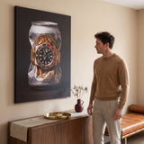 Lion's Share crushed silver beer can with a gold watch and black and red bezel canvas wall art in a home interior with a person viewing it