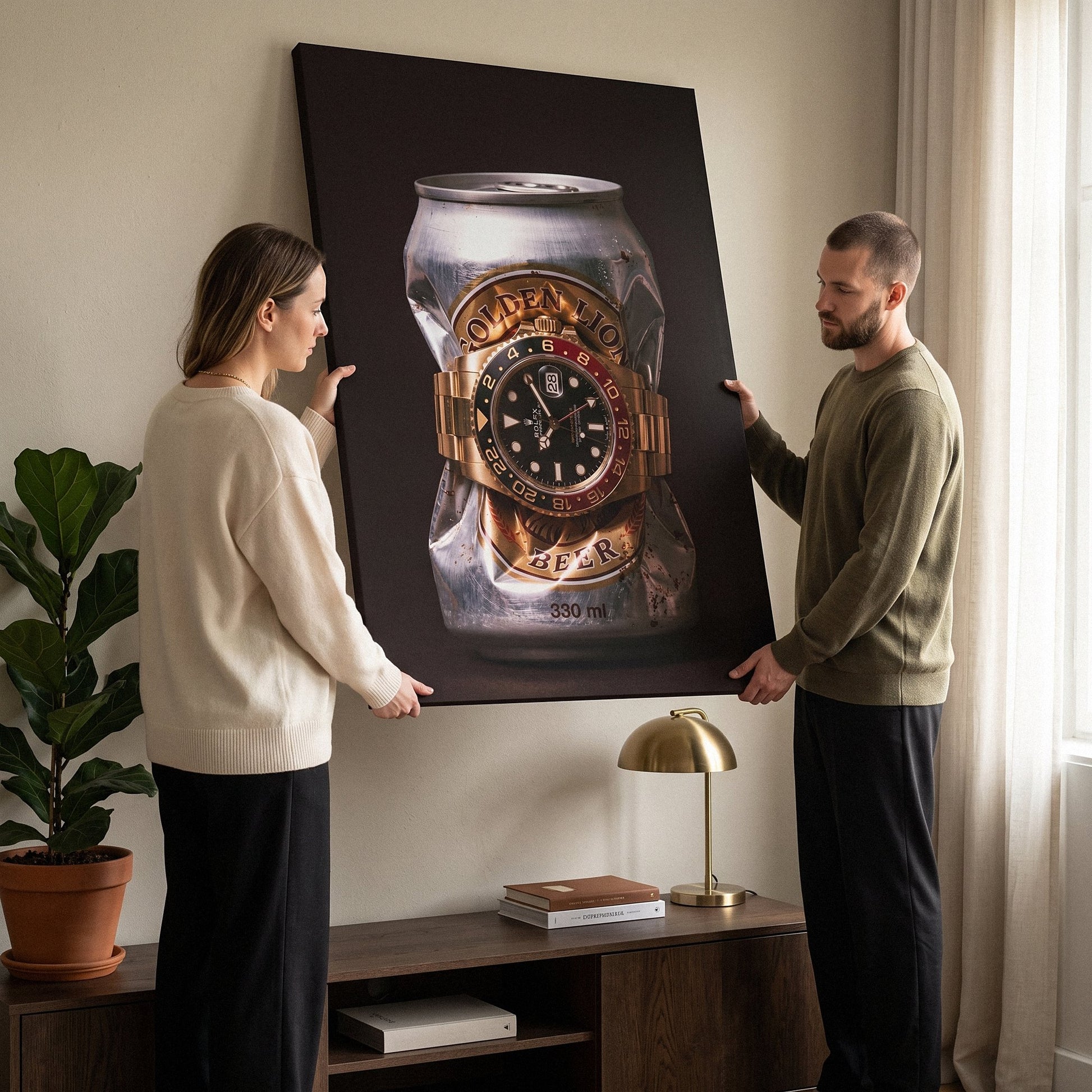 Lion's Share crushed silver beer can with a gold watch and black and red bezel canvas wall art on a wall with two people beside it