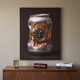 Lion's Share crushed silver beer can with a gold watch and black and red bezel canvas wall art hanging in a styled home interior