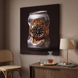 Lion's Share crushed silver beer can with a gold watch and black and red bezel canvas wall art seen from the side on a styled wall