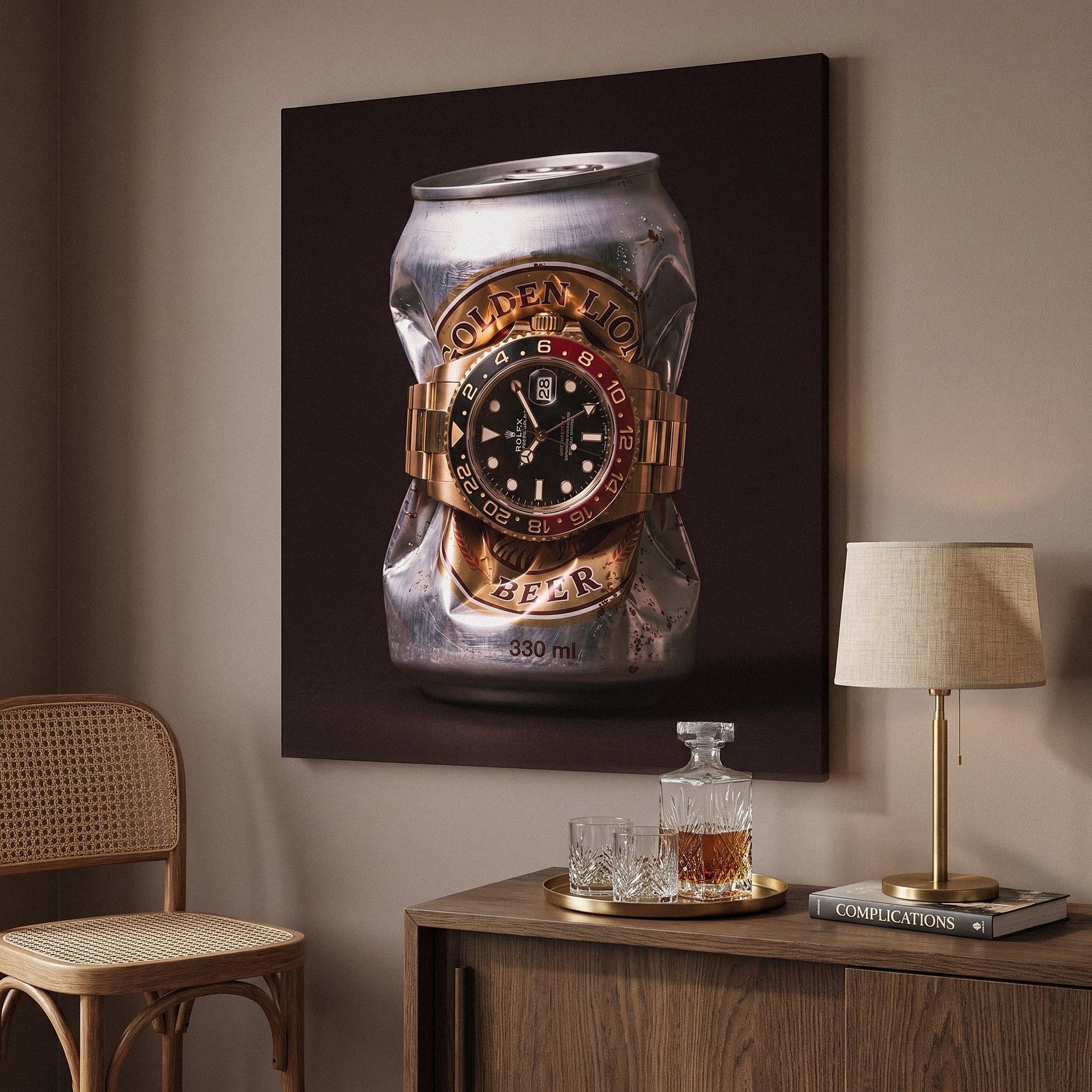 Lion's Share crushed silver beer can with a gold watch and black and red bezel canvas wall art seen from the side on a styled wall
