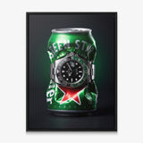 Local Time crushed green lager can with a green and black GMT bezel steel watch canvas wall art in a black floating frame