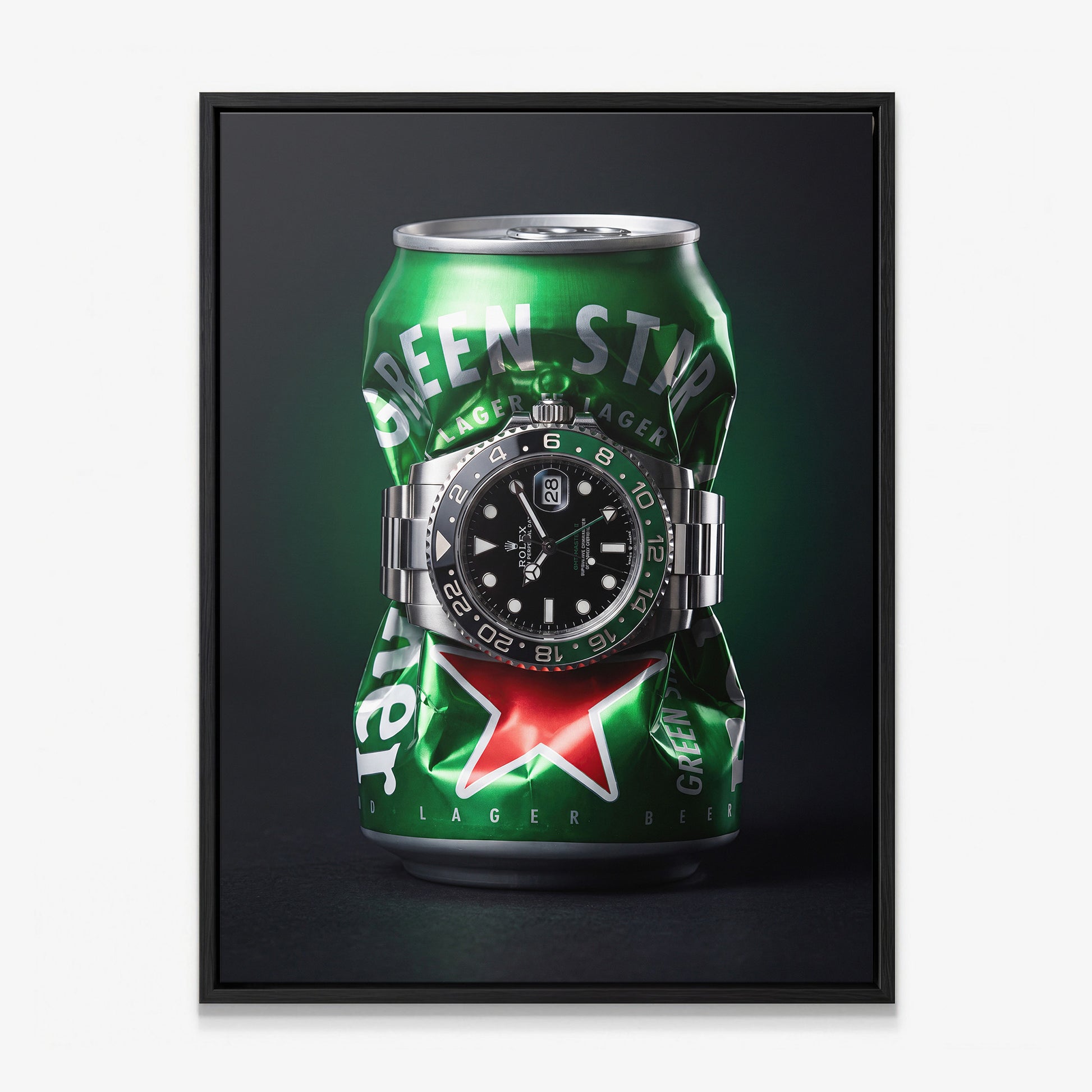 Local Time crushed green lager can with a green and black GMT bezel steel watch canvas wall art in a black floating frame
