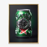 Local Time crushed green lager can with a green and black GMT bezel steel watch canvas wall art in a gold floating frame