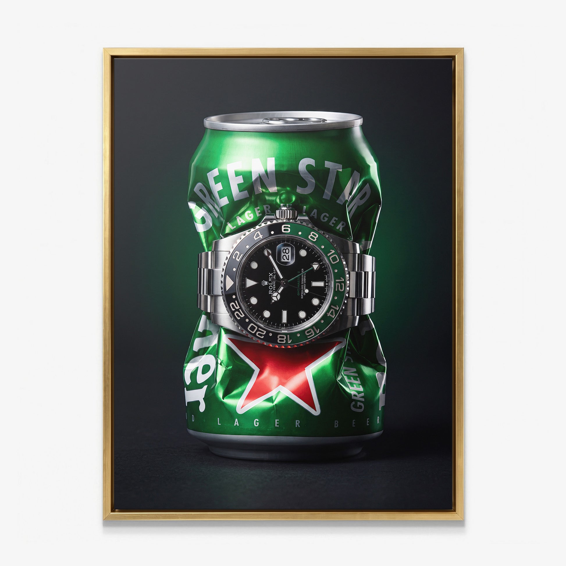 Local Time crushed green lager can with a green and black GMT bezel steel watch canvas wall art in a gold floating frame