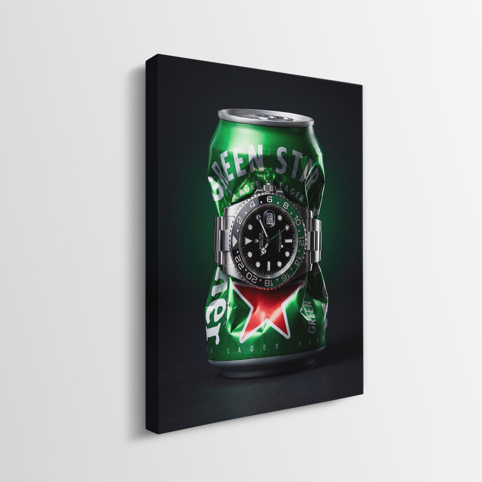 Local Time crushed green lager can with a green and black GMT bezel steel watch canvas wall art side profile showing the gallery wrapped edge