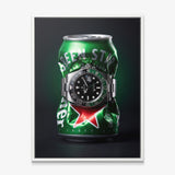 Local Time crushed green lager can with a green and black GMT bezel steel watch canvas wall art in a white floating frame