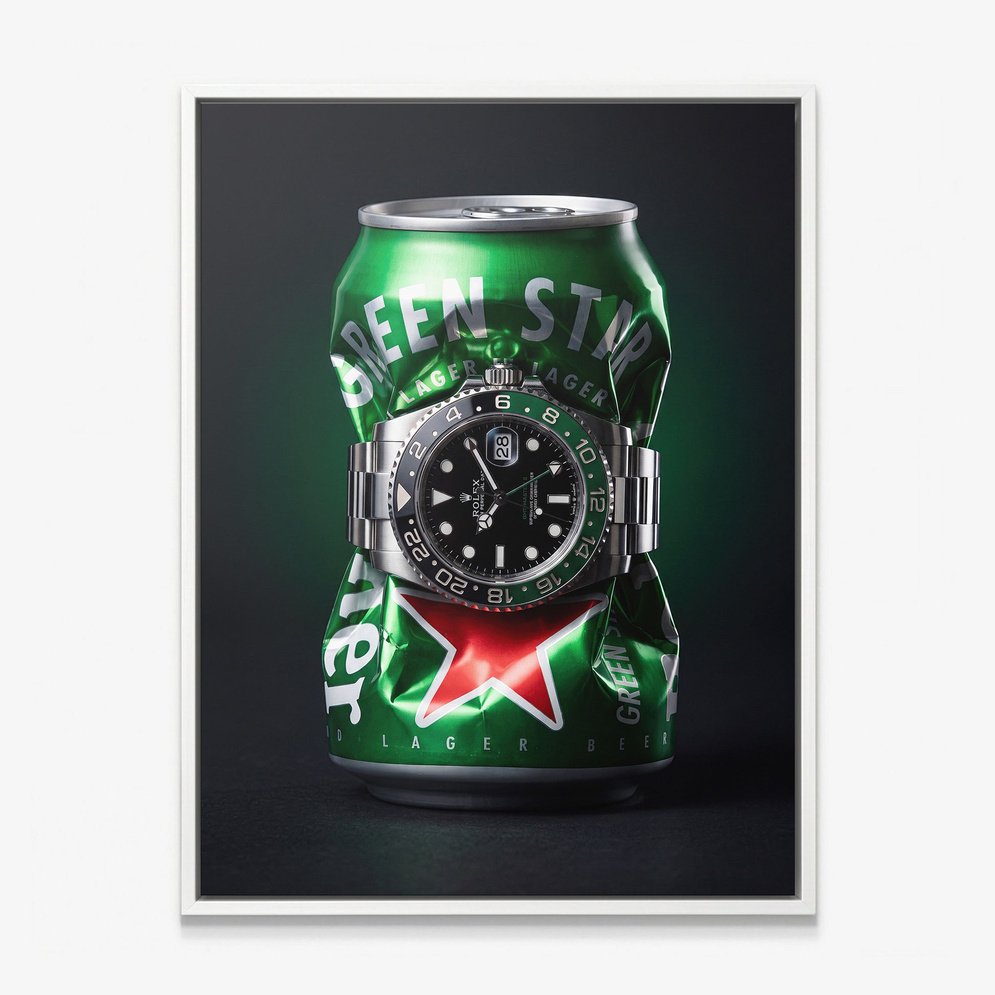 Local Time crushed green lager can with a green and black GMT bezel steel watch canvas wall art in a white floating frame