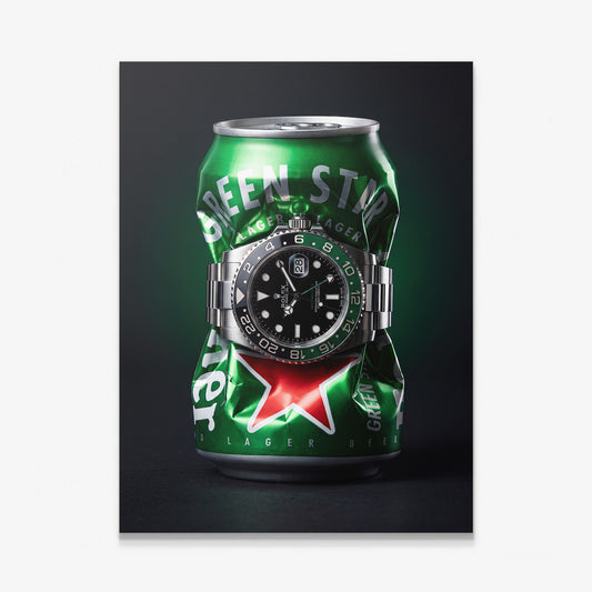 Local Time crushed green lager can with a green and black GMT bezel steel watch canvas wall art
