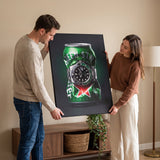 Local Time crushed green lager can with a green and black GMT bezel steel watch canvas wall art on a wall with two people beside it