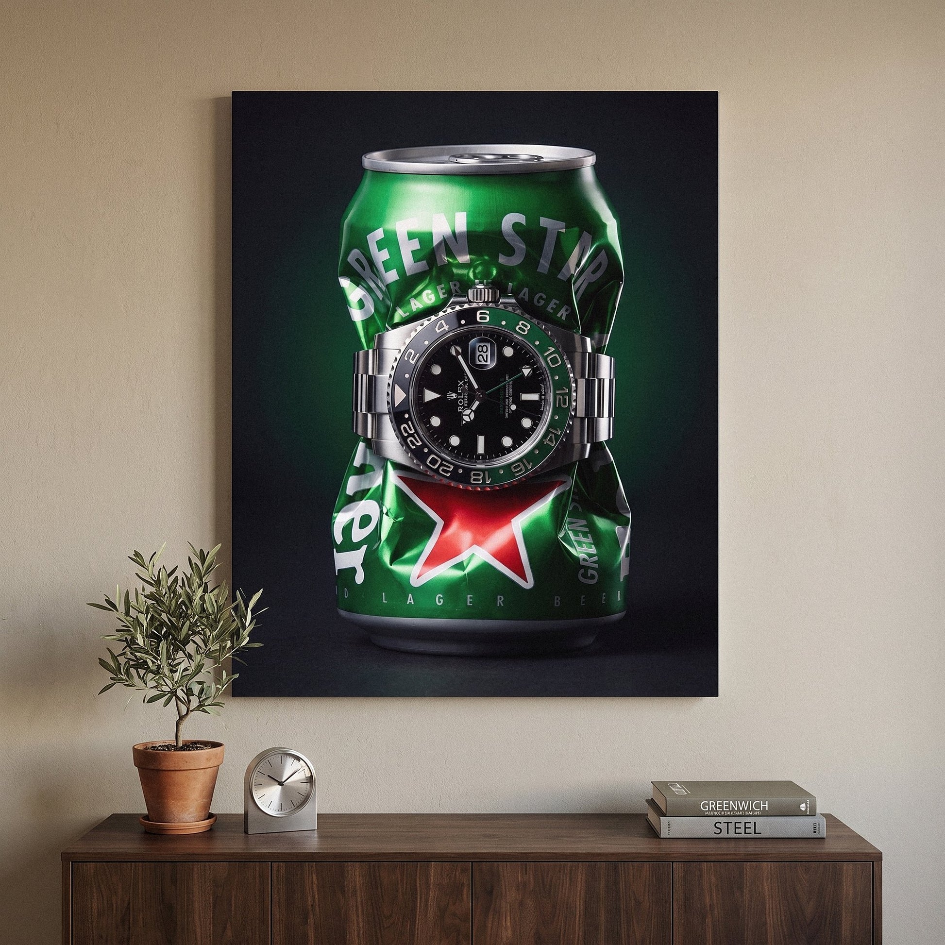 Local Time crushed green lager can with a green and black GMT bezel steel watch canvas wall art hanging in a styled home interior
