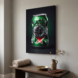 Local Time crushed green lager can with a green and black GMT bezel steel watch canvas wall art seen from the side on a styled wall