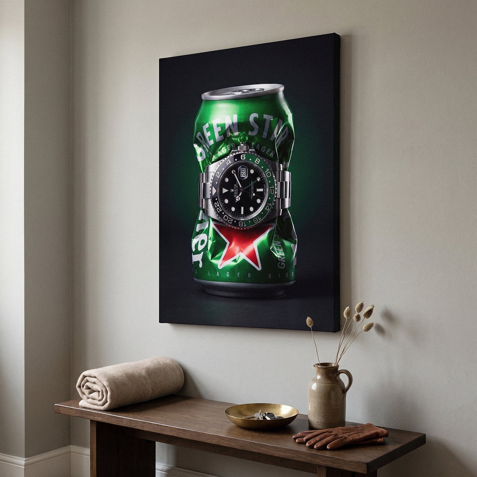 Local Time crushed green lager can with a green and black GMT bezel steel watch canvas wall art seen from the side on a styled wall