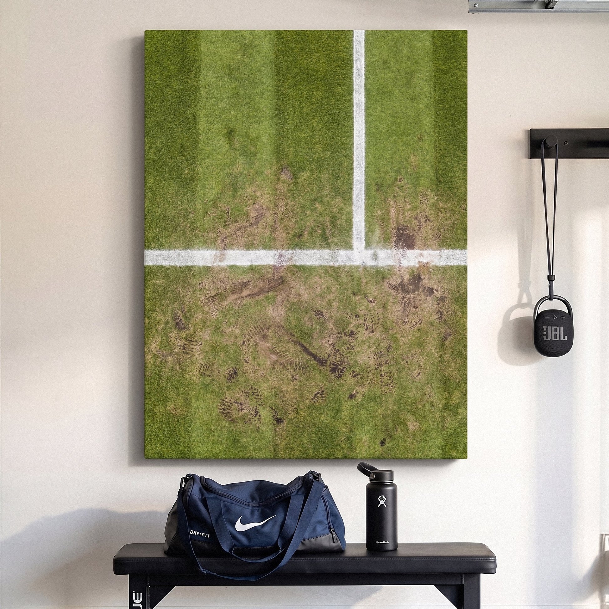 London Court tennis wall art canvas above a console table in a bright modern hallway
