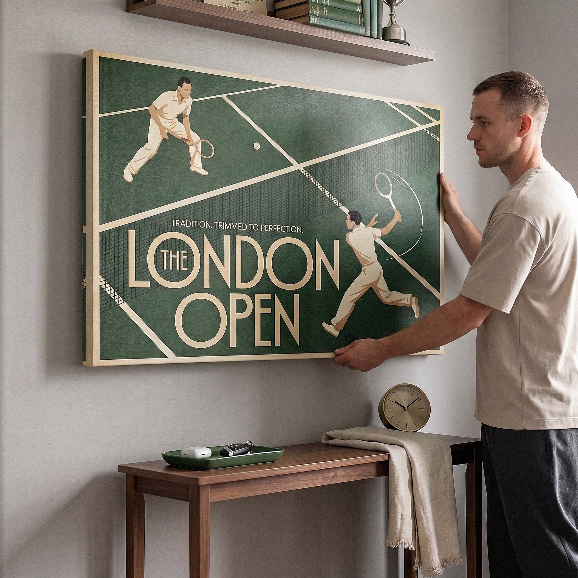 London Open tennis canvas above a home office desk