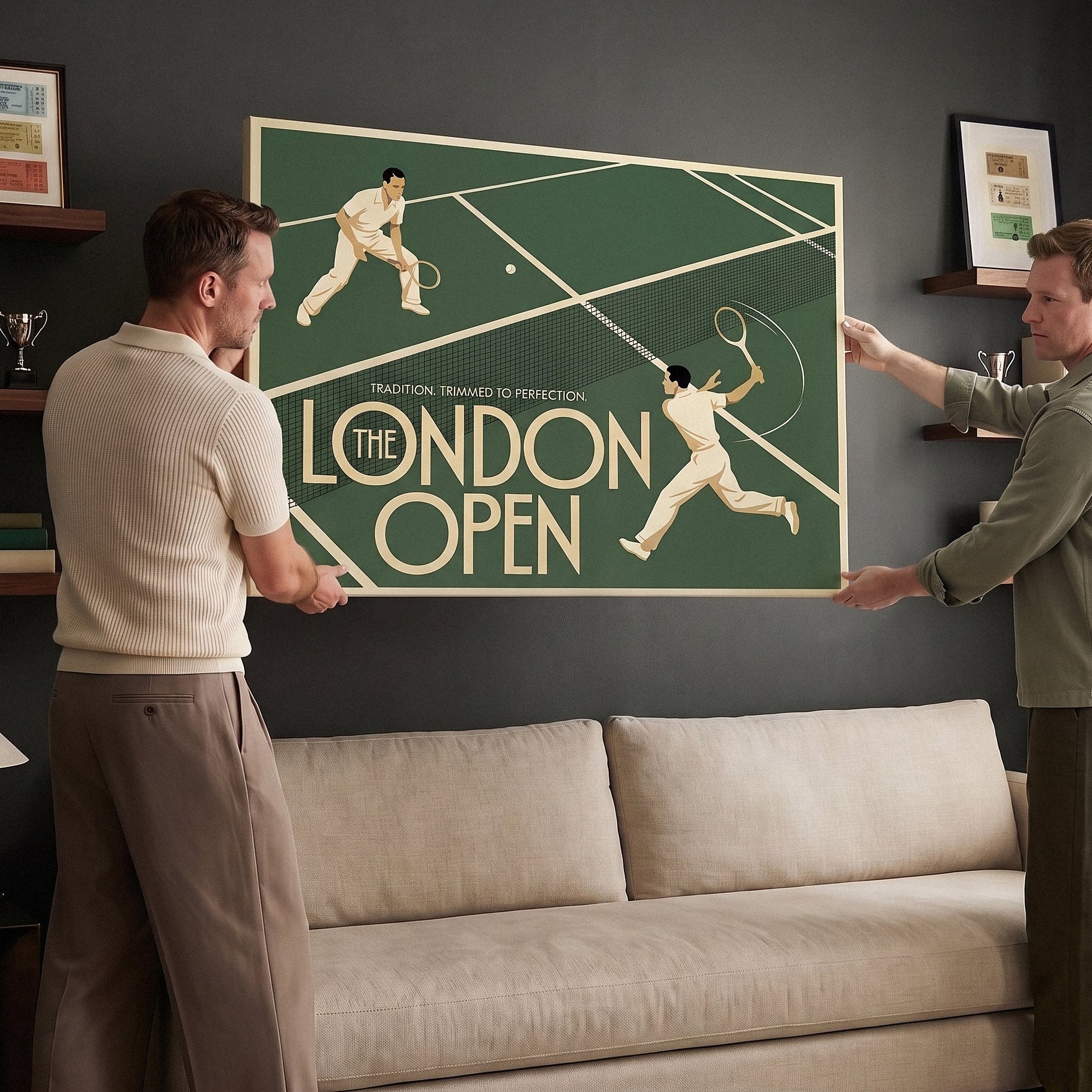 London Open tennis canvas in a styled tennis den