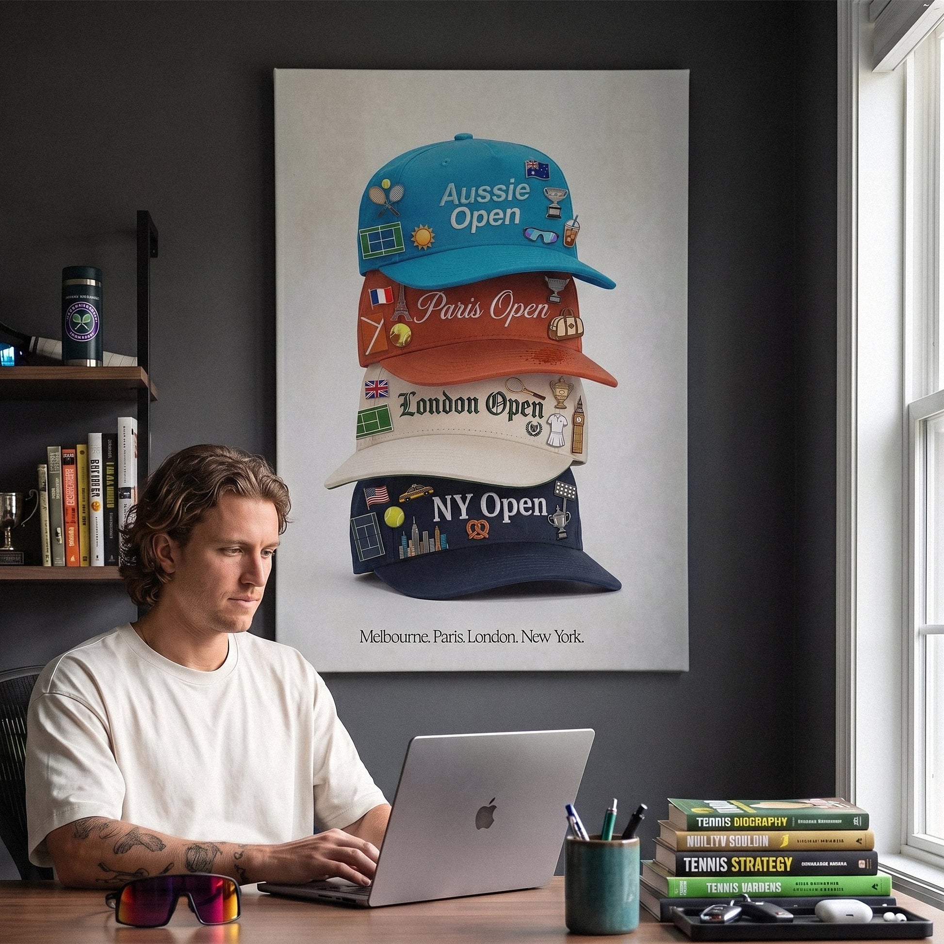 Major Caps tennis canvas above a home office desk