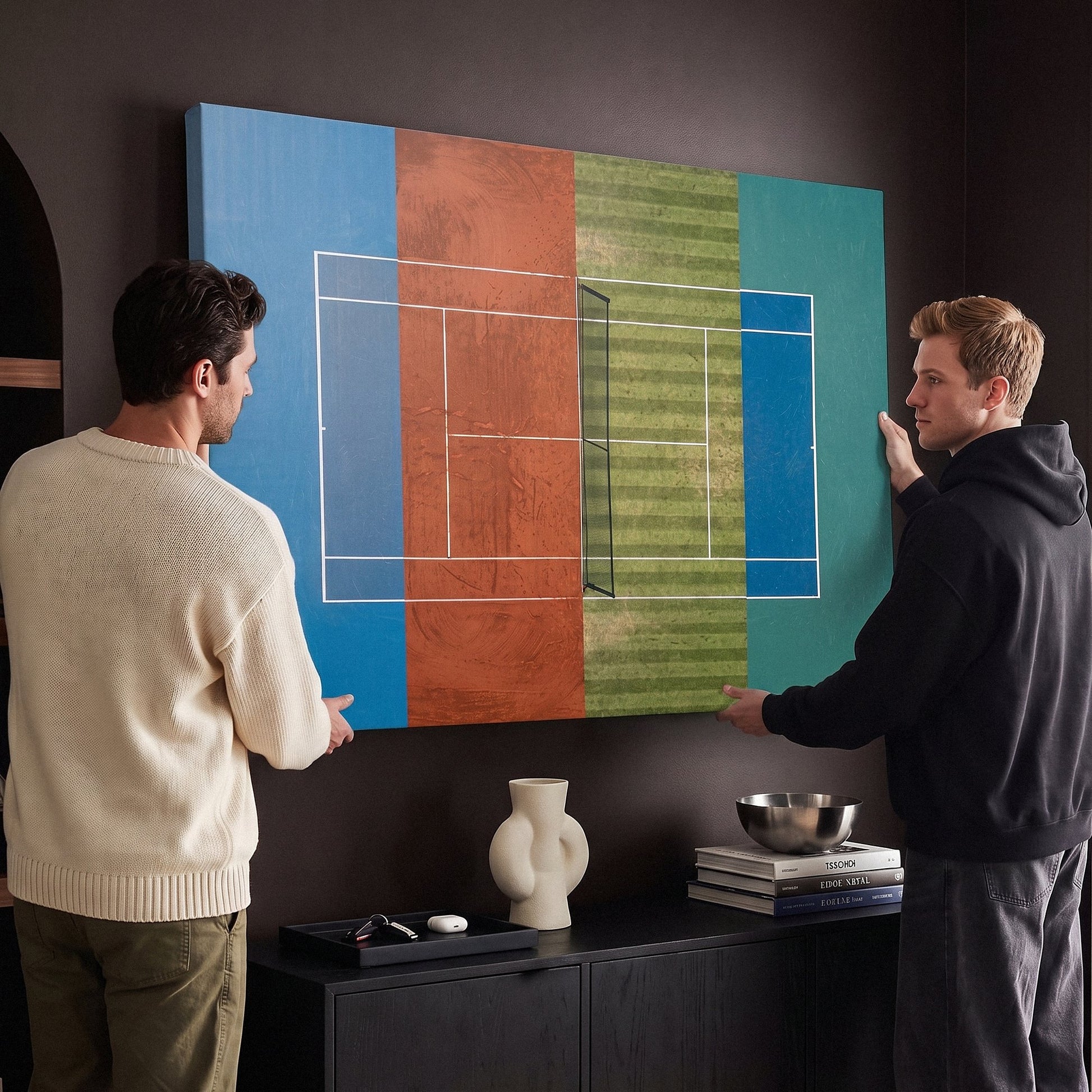 Two people holding the Majors Courts tennis canvas print in a living room