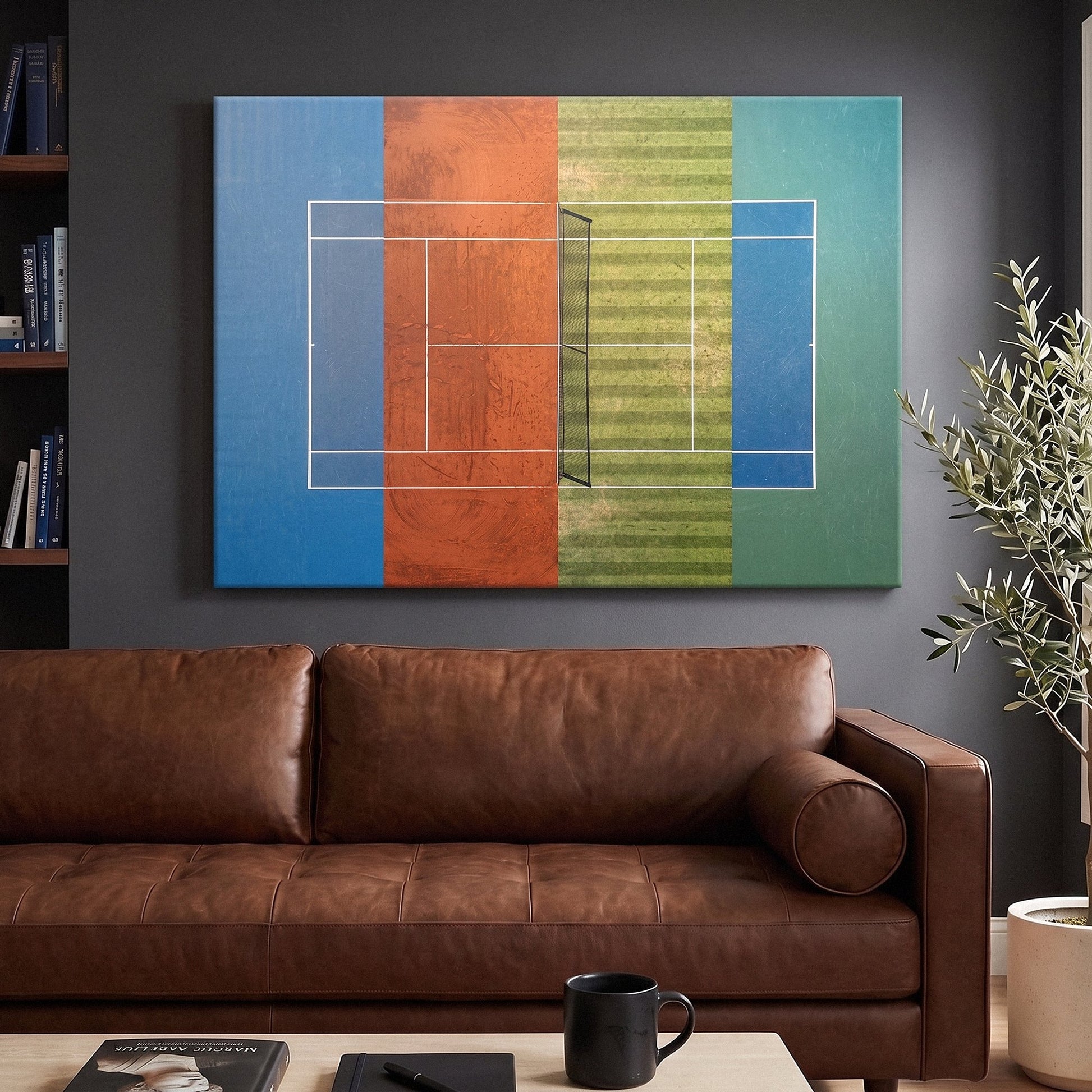 Majors Courts four Grand Slam surfaces tennis canvas on a wall above a console
