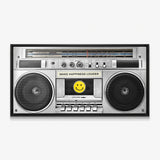 Make Happiness Louder Boombox canvas in a black floating frame