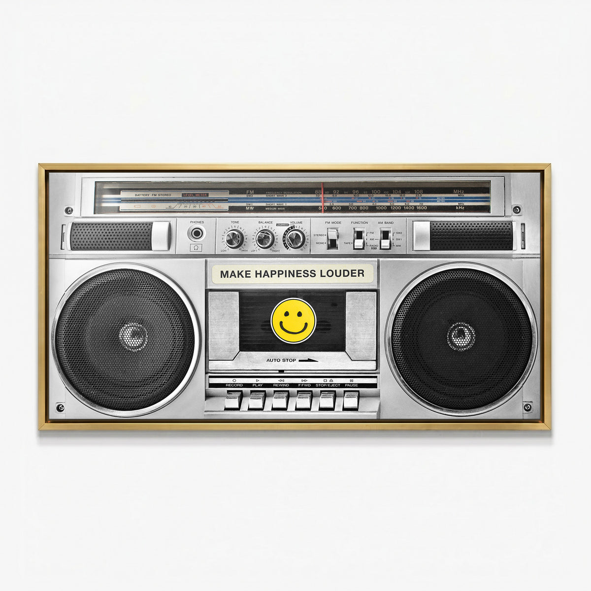 Make Happiness Louder Boombox canvas in a gold floating frame