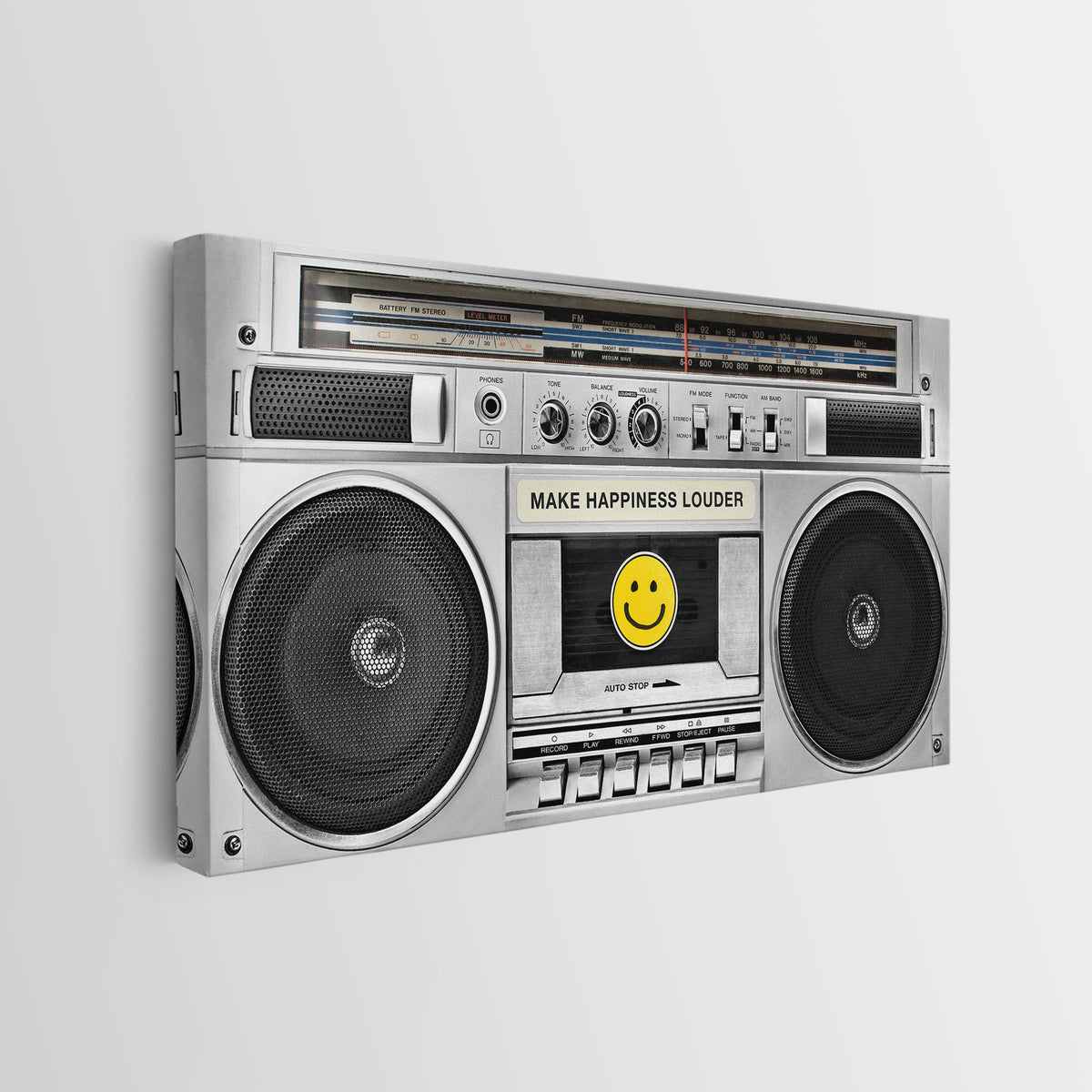 Side view of the Make Happiness Louder Boombox canvas showing the gallery-wrapped edge