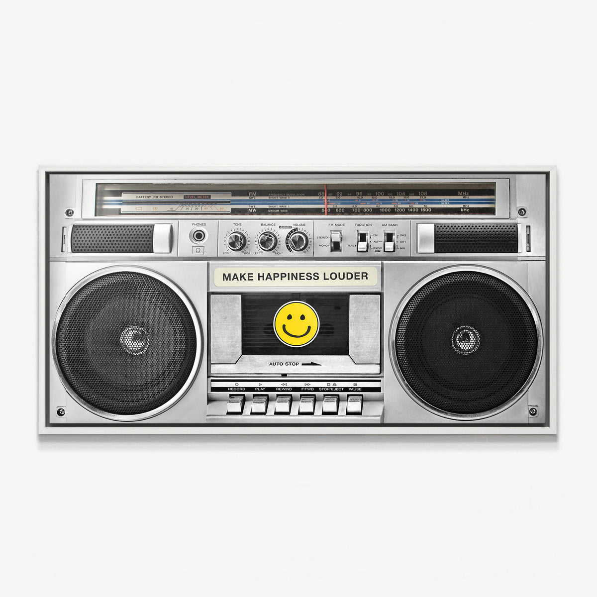Make Happiness Louder Boombox canvas in a white floating frame