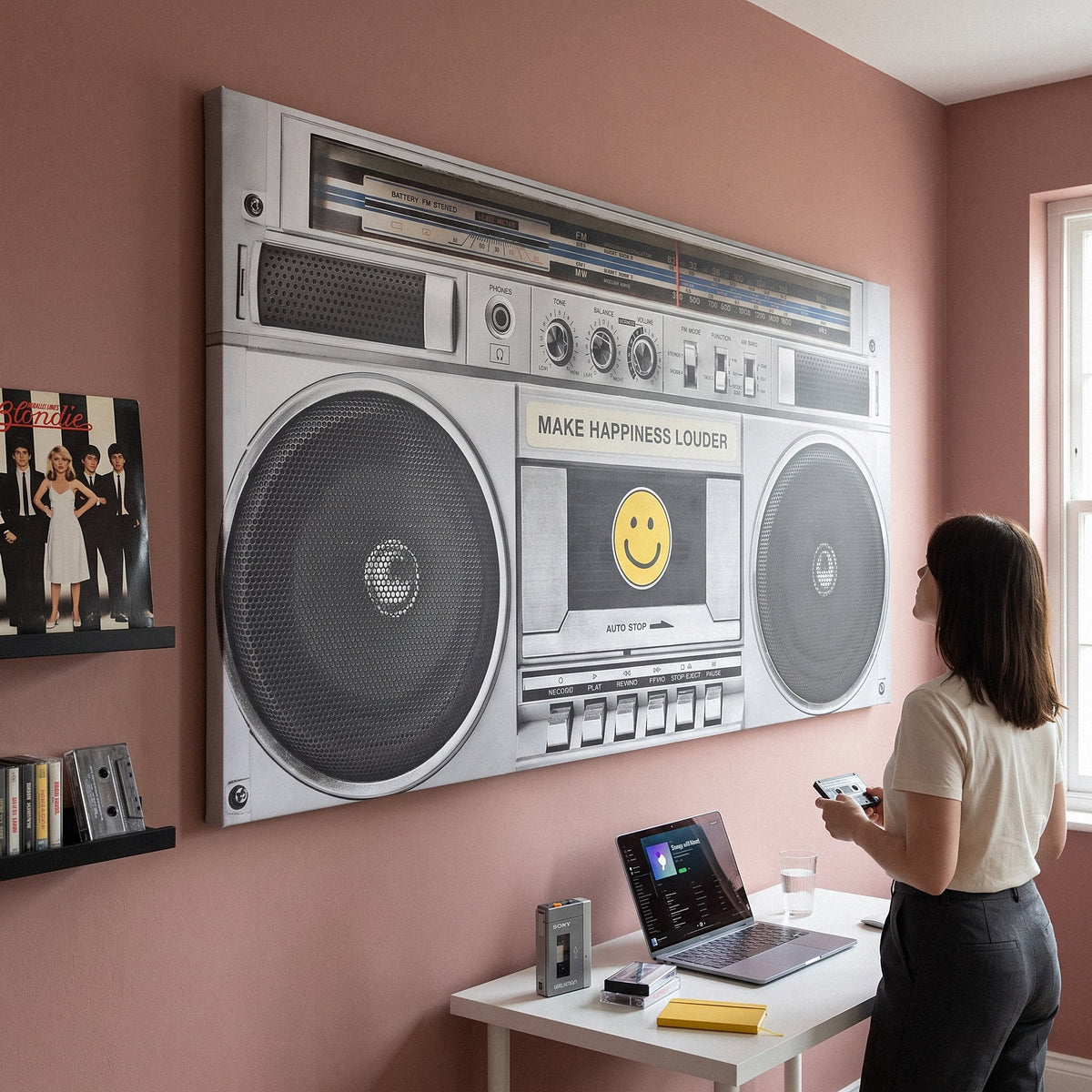 Woman at her desk looking up at the Make Happiness Louder boombox canvas on a clay pink wall
