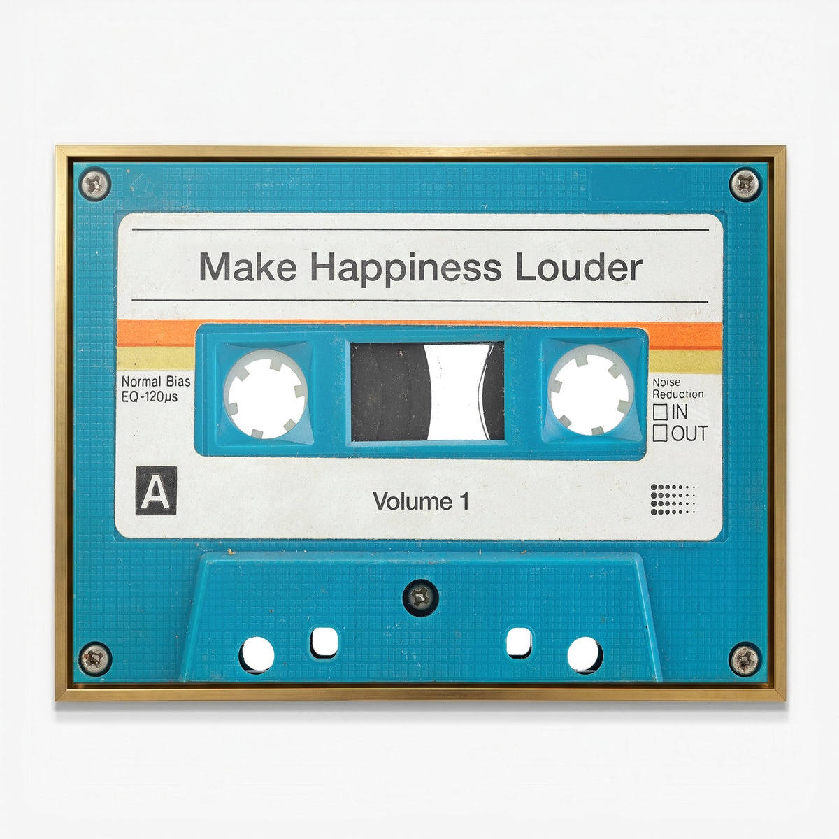 Make Happiness Louder cassette canvas in a gold floating frame