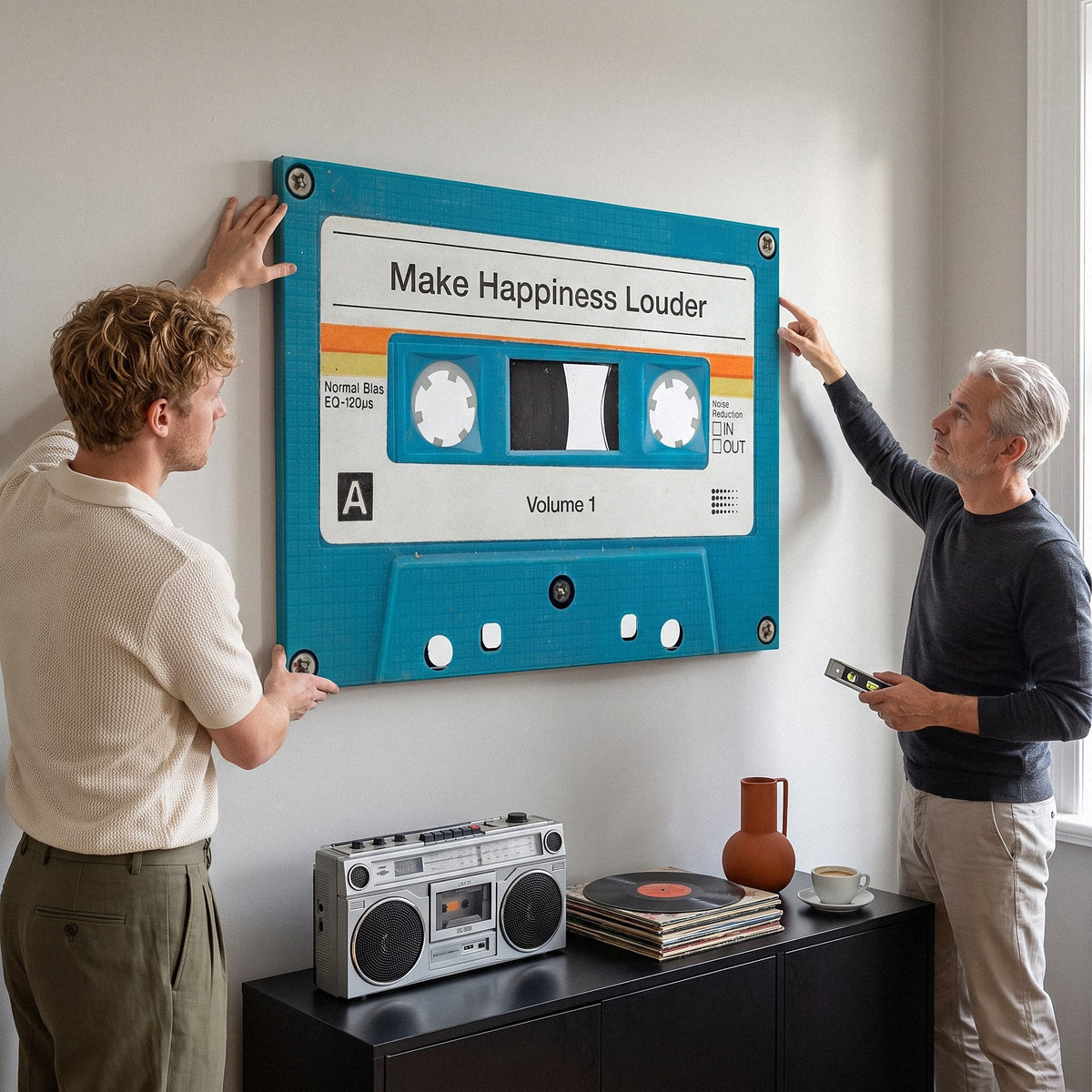 Two men leveling the Make Happiness Louder cassette canvas on a pale grey wall above a boombox