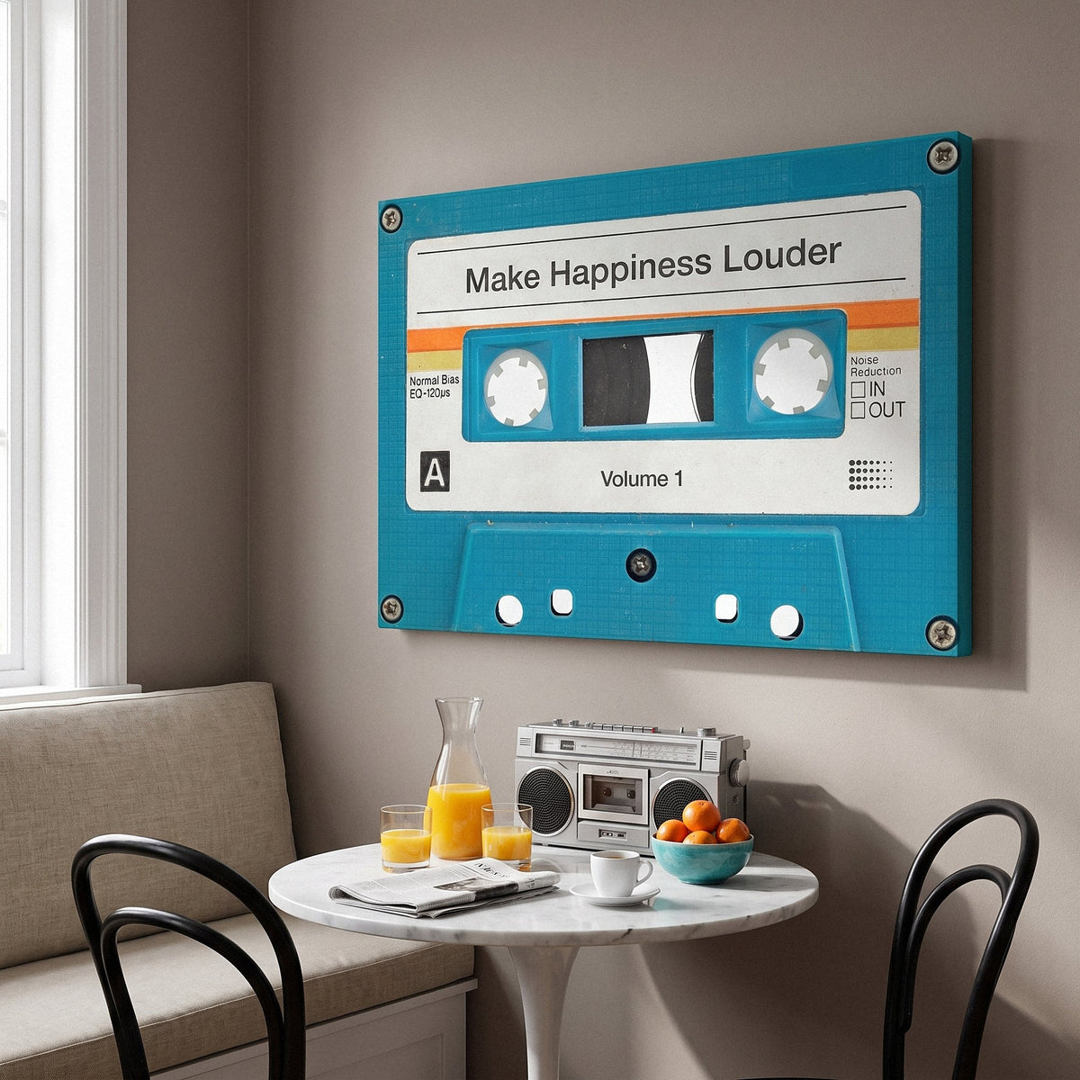 Make Happiness Louder cassette canvas above a marble breakfast table with orange juice and a radio in a mushroom taupe nook