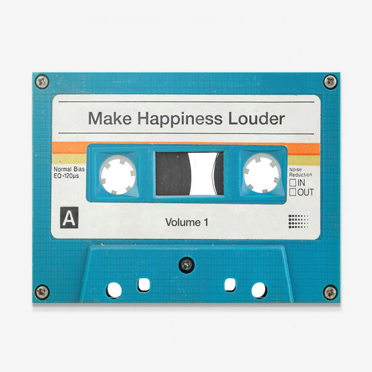 Make Happiness Louder canvas wall art, turquoise cassette tape with an orange and yellow striped label