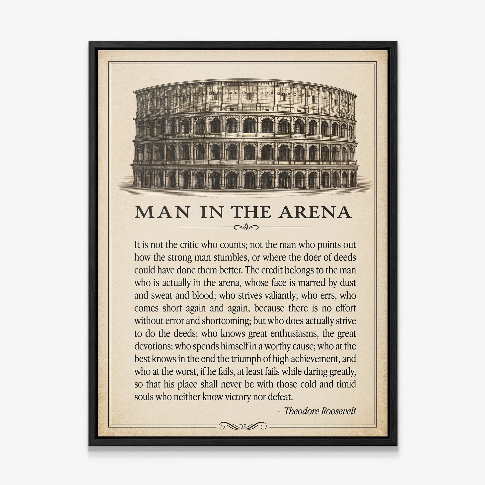 Man In The Arena Colosseum quote canvas in a black floating frame