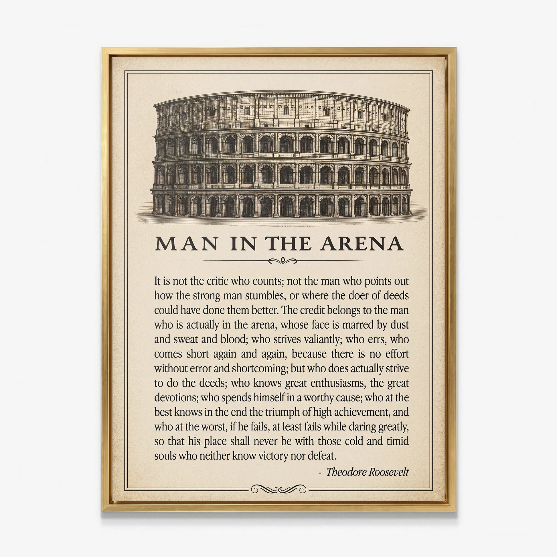 Man In The Arena Colosseum quote canvas in a gold floating frame