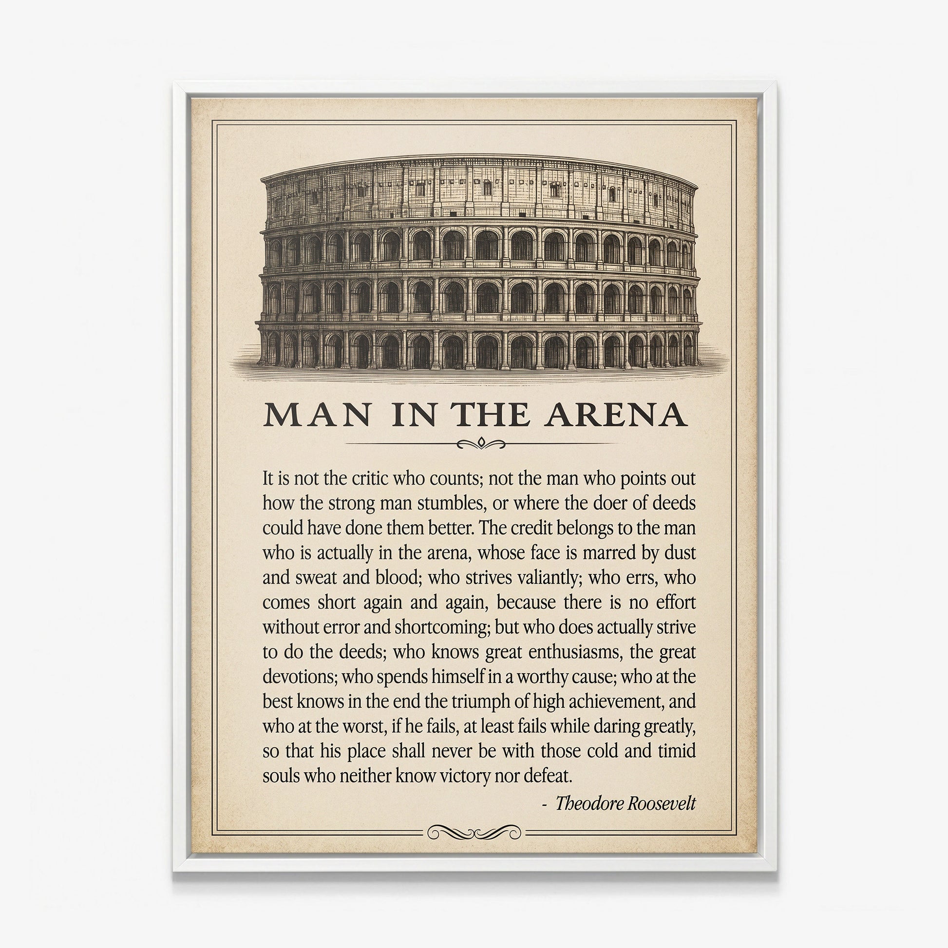 Man In The Arena Colosseum quote canvas in a white floating frame
