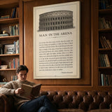 Man In The Arena Roosevelt quote canvas in a library with a man reading