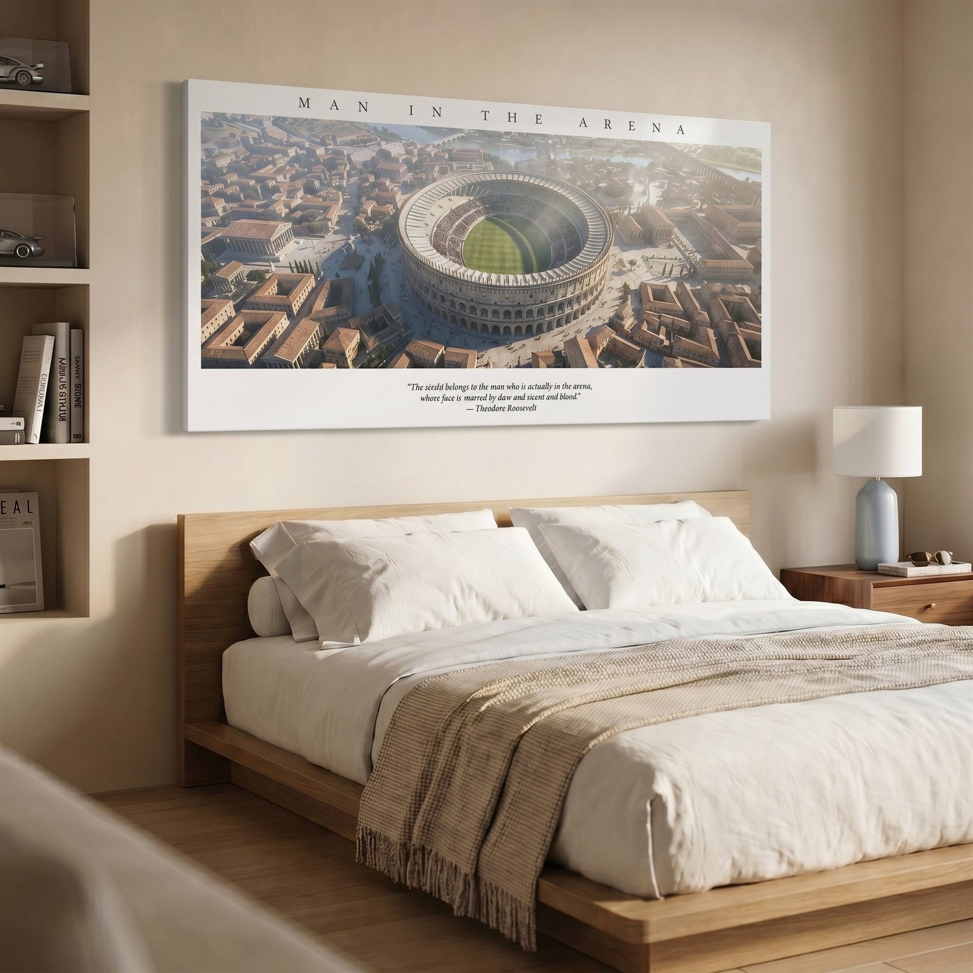 Man In The Arena Roman amphitheatre canvas above a bed in a bedroom