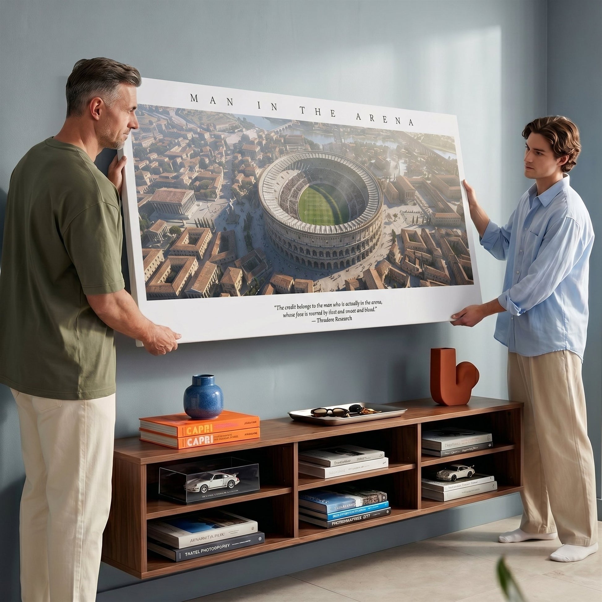 Two men hanging the Man In The Arena Roman stadium canvas above a credenza