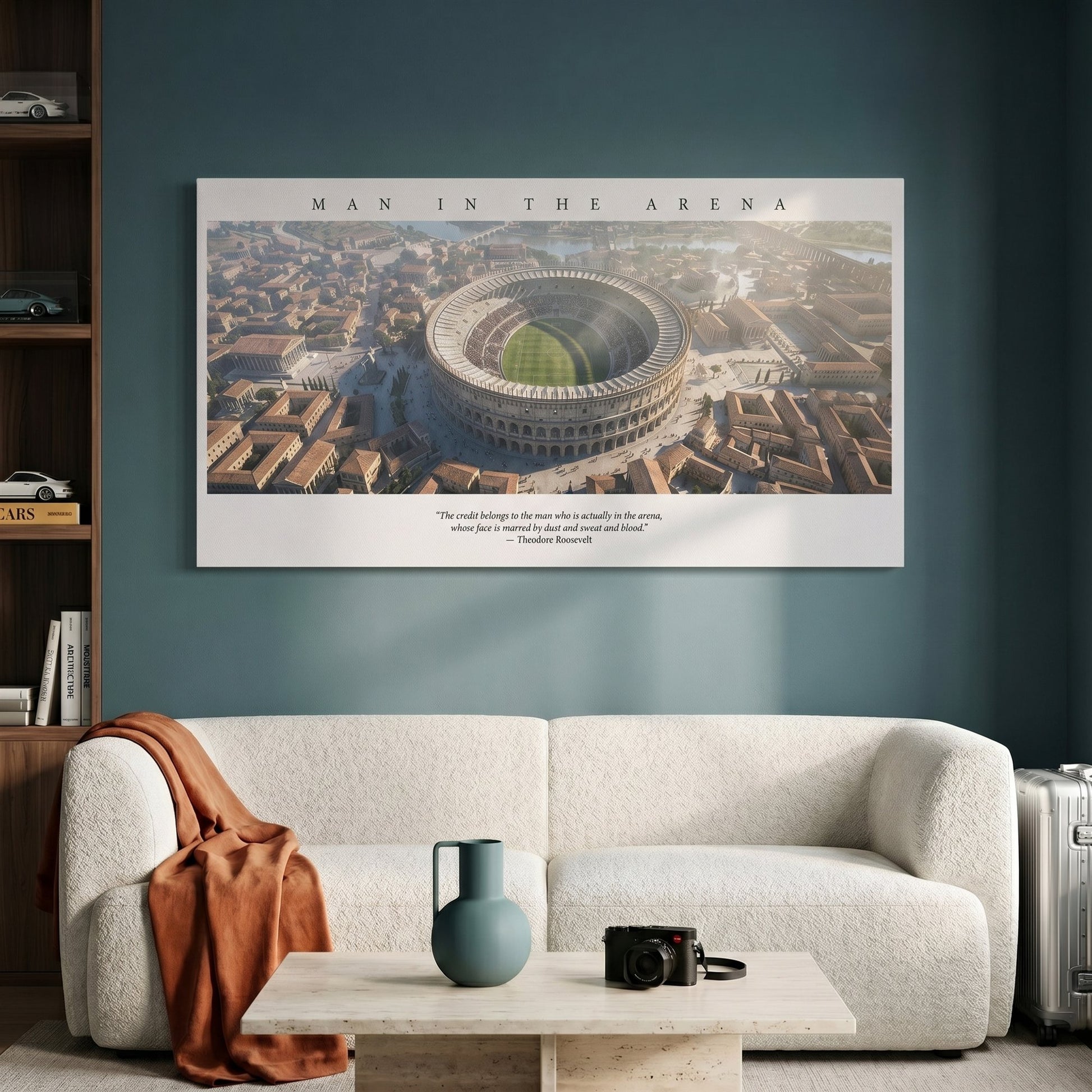 Man In The Arena Roman amphitheatre football pitch canvas above a white sofa