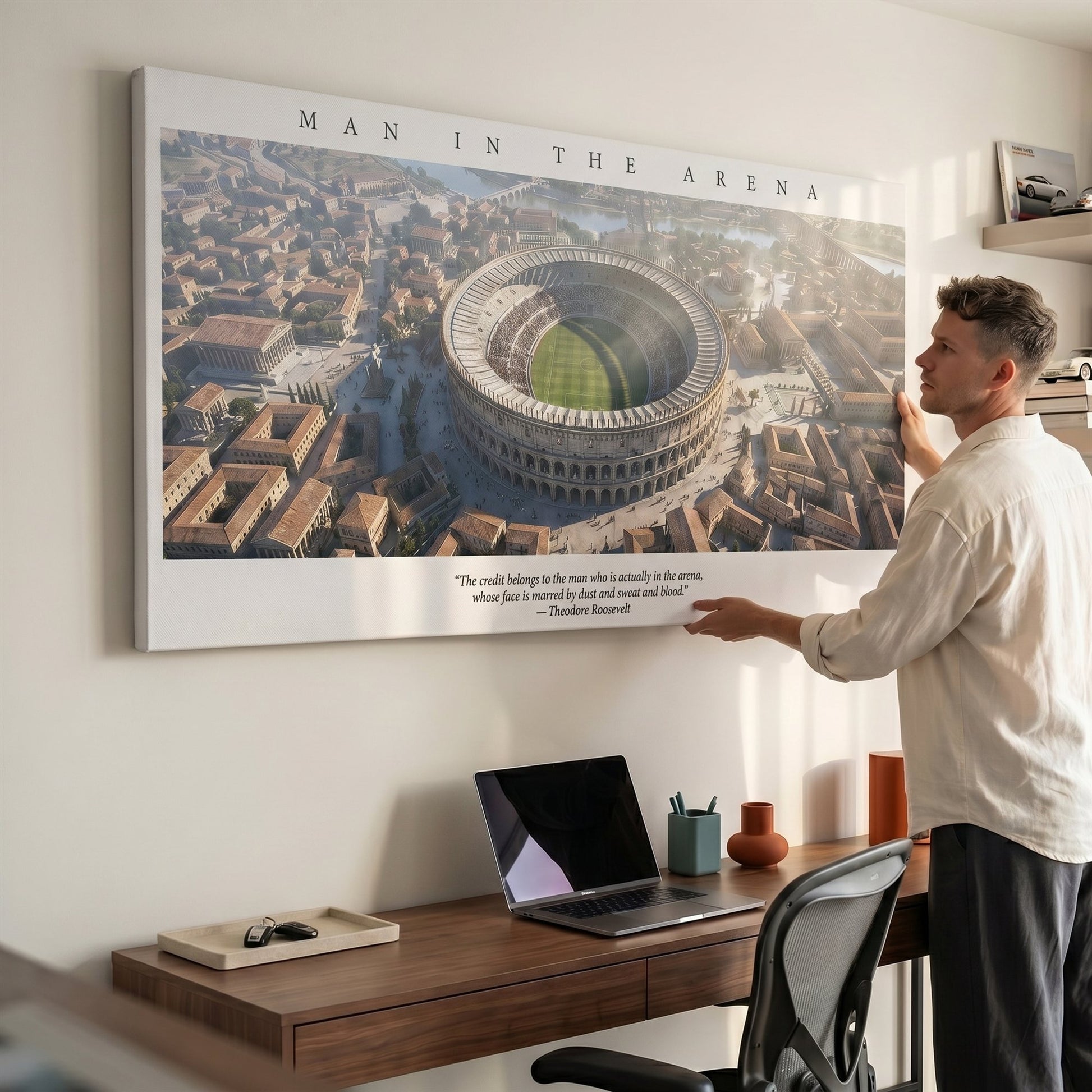 Man In The Arena Roman stadium canvas with a man in a home office