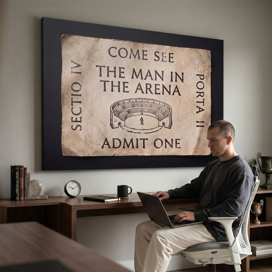 Man working at a laptop below the Man In The Arena ticket canvas in a home office